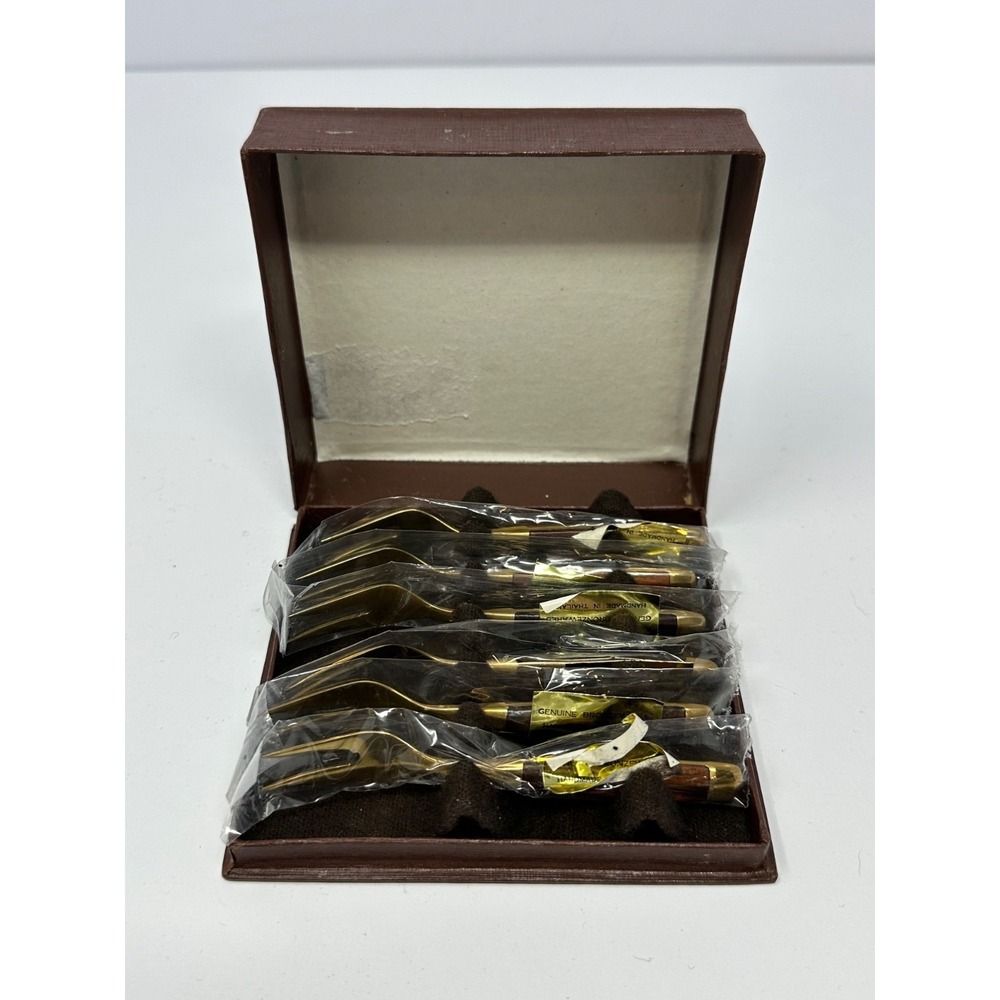 Vintage MCM Genuine Thai Bronzeware Rosewood Cocktail Fork Set of 8 by James W0
